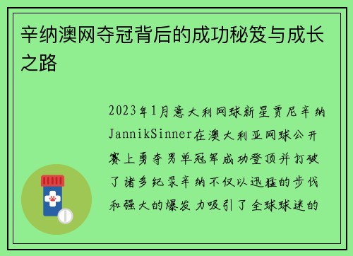 辛纳澳网夺冠背后的成功秘笈与成长之路